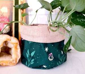 Reversible Fabric Plant Pot Holder with Crystals and Botanicals by Goddess Provisions. 