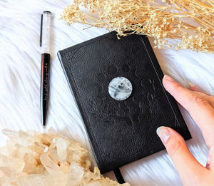 Mystical Musings Divination Diary cover page in black on white cloth